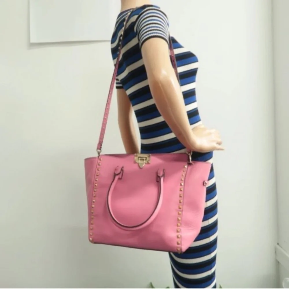 100% Authentic VALENTINO GARAVANI Rockstud Pink Leather Satchel Bag - Picture 12 of 12